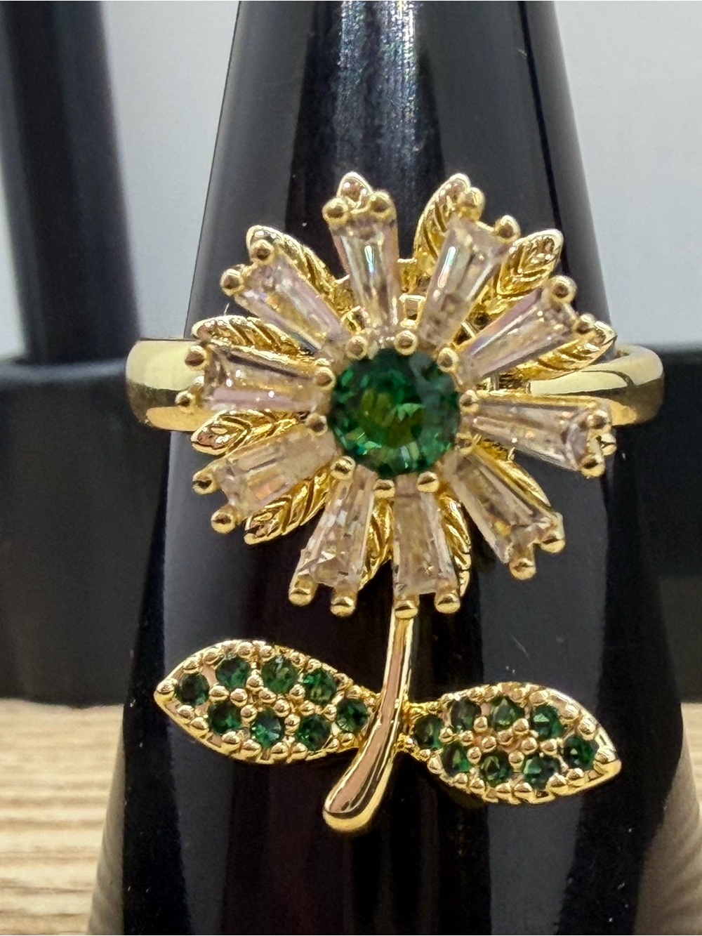 Gold-Tone Green Crystal Flower Ring - Women Jewelry
